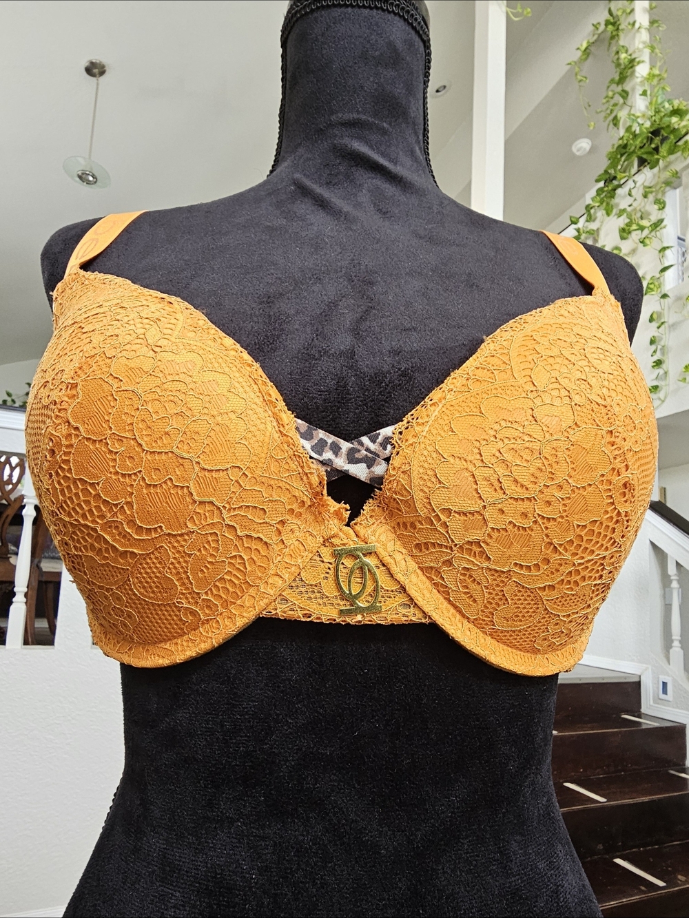 Bebe Mustard Yellow Lace Underwire Bra with Leopard Trim